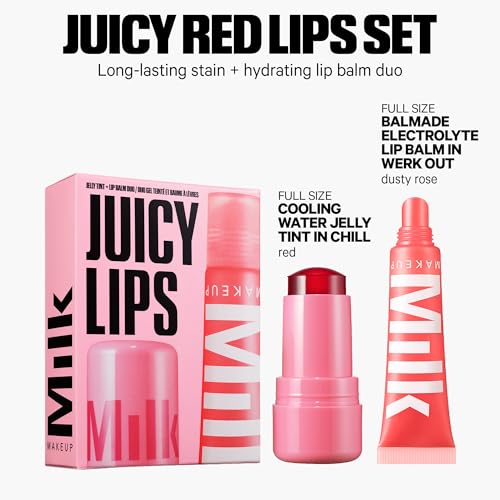 Image of Milk Makeup Cooling Water Jelly Tint + Balmade Hydrating Lip Balm Set - Sheer Red Lip + Cheek Stain and Sheer Gloss with High-Shine Finish - Full Size Chill (Red) 0.17 oz + Werk Out (Dusty Rose) 0.4oz