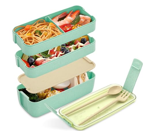 KDBFHAL Bento Box Adult Lunch Box, Stackable 3-In-1 Compartment Bento Containers Kit with Spoon&Fork, Wheat Straw Meal Prep Containers Green