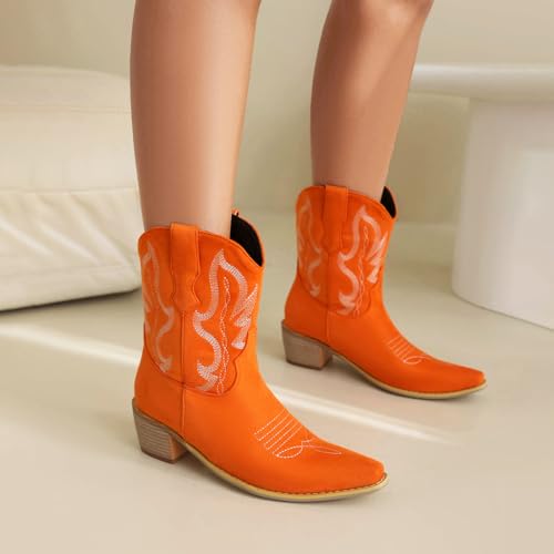 Cozivwaiy Classic Cowboy Booties Embroidered Women Pointed Toe Ankle Boots Western Country Boots Pull on Block Heel Booties4