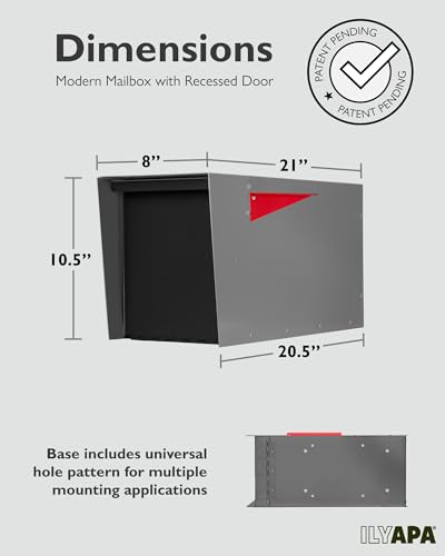 Image of Ilyapa Modern Mailbox for Post Mount - Gray with Black Door Powder Coated Steel, Waterproof Letter Box for Parcels, with Recessed Magnetic Close Door