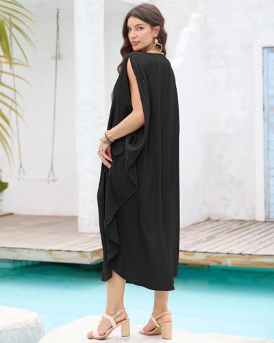 Bsubseach Kaftan Dresses for Women Batwing Sleeve Beach Cover Up Solid Color Plus Size Caftan Long Loungewear Dress4