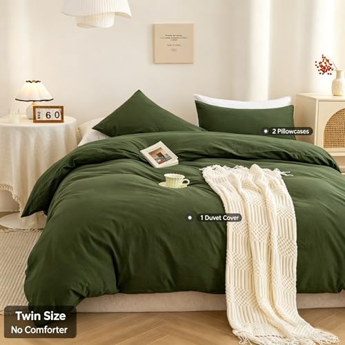 Image of ECOCOTT 3 Pieces Duvet Cover Set Twin Size 100% Washed Cotton 1 Duvet Cover with Zipper and 2 Pillowcases, Ultra Soft and Easy Care Breathable Cozy Simple Style Bedding Set (Avocado Green)
