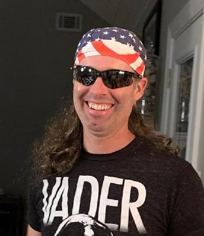 Image of Mullet Wig with American Flag Bandana, 80s Retro Curly Wig for Men & Women, Perfect for 4th of July, Halloween, 80s Themed Parties Cosplay (Light Brown)