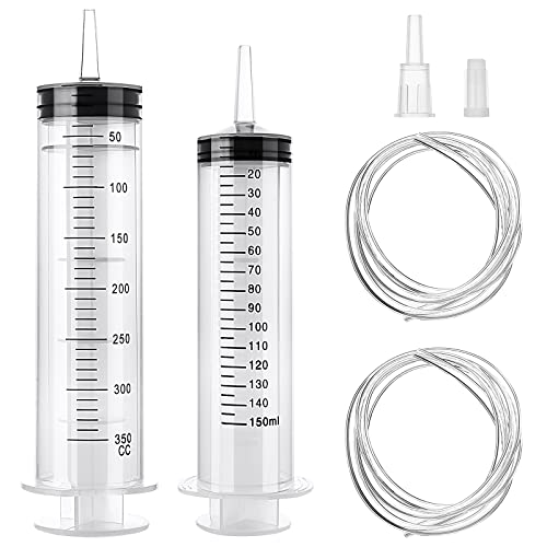 Large Syringe, 150ml+350ml Reusable Liquid Syringe with 2pcs 1m Catheter, Plastic Measuring Tools Oil or Glue Applicator for Laboratory, Industry, Garden, Pet Feeding (150ml+350ml Syringe)