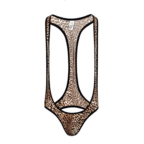 Men's Sexy Jockstrap Leotard Underwear Jumpsuits Wrestling Singlet Bodysuitï¼ŒLeopard Print Buttock,MmNote Brown