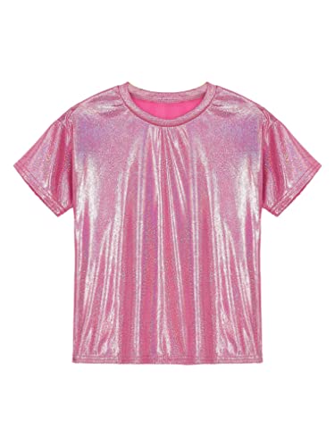 Oyolan Kids Girls Boys Metallic Shinny Athletics Short Sleeves Dance Crop Tops Hip Hop Street Performance Costume Rose Red 9-10 Years #TOP4