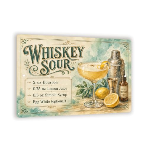 Whiskey Sour Recipe Metal Sign - Watercolor Bar Wall Decor - 8x12 Cocktail Art
