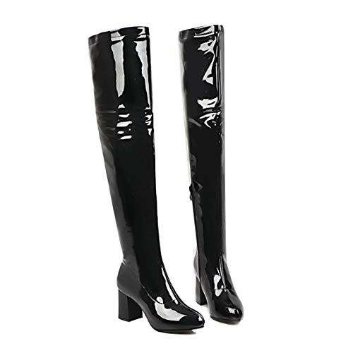 LUXMAX Womens Stretchy Over Knee Patent Leather Thigh High Stacked Chunky Heel Boots2