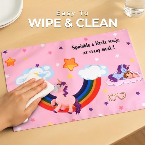 Image of Dining Table Mats Set of 2 - Unicorm Girly Theme,Digital Print, Washable, Indoor /Outdoor, Heat-Proof, Water Resistant, Wipe & Clean (47X33 cm) Pink