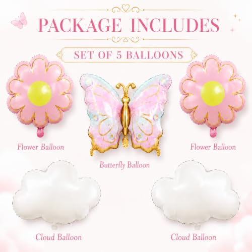 Image of Wanna Party Pastel Butterfly Foil Balloon Set of 5, Butterfly, Pink Daisy Flower and White Cloud Balloons for Birthday, Baby Shower, Newborn Welcome & Garden Theme Party Decoration