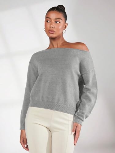 Image of SKAYS Off The Shoulder Sweater Women, Shoulder Slouchy Knit Pullover, Solid Asymmetrical Neck Drop Shoulder Sweater