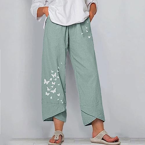 Image of Cotton Linen Capri Pants for Women 2025 Casual Printed Cropped Palazzo Pants Elastic Waist Lounge Baggy Trousers