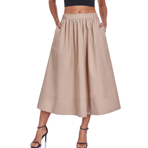HOTIAN Women's A-Line Midi Skirts Casual Summer Elastic High Waist Pleated Flowy Beach Long Skirt...