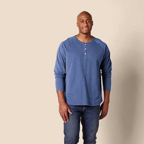 Amazon Essentials Camiseta de Manga Larga con Cuello Henley y Corte Recto (Disponible en Talla Grandes y Largos Especiales) Hombre, Azul Mezcla, L