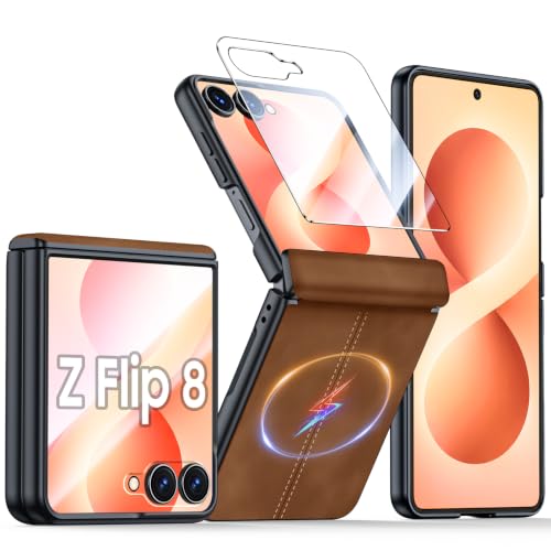 Image of Magnetic for Samsung Galaxy Z Flip 8 Case with Hinge Protection & Built-in Outer Screen Protector, Fit for Magsafe, Ultra-Thin PU Leather Matte PC Shockproof Cover for Galaxy Z Flip 8-Brown