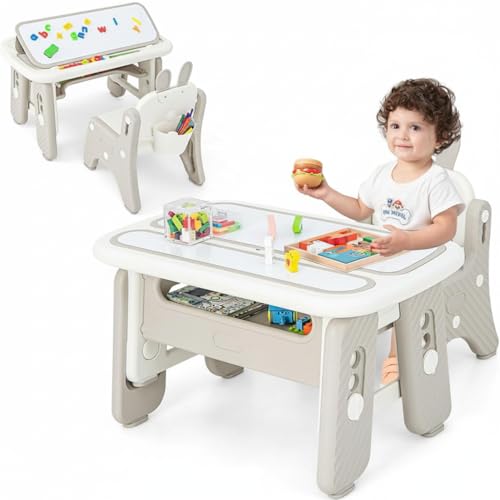 Image of INFANS Kids Table and Chair Set, Activity Table with Magnetic Drawing Board 4 Gears Adjustable Height Bookshelf Watercolor Pens, Toddler Plastic Furniture Table for Playing Reading Eating