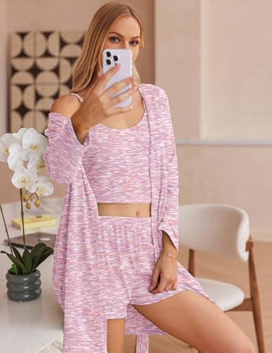 Image of Ekouaer Pajamas for Women Set 3 Piece Lounge Set Soft Pajama Sets Waffle Knit Tank Top and Shorts Cardigan with Pockets S-XXL