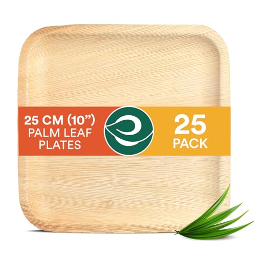 ECO SOUL 25 Disposable Palm Leaf Plates 10”(25cm) Square large Bamboo Plate I Eco Friendly, Biodegradable, Compostable Heavy-Duty Plate, Wooden Plates for Party & Events I Microwave & Oven Safe