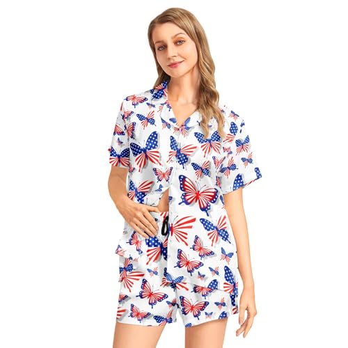 Image of Funny Pajamas for Women Set Print Satin Loungewear Pjs Short Sleeve Button Down Top and Shorts Sets Sleepwear XS-3XL