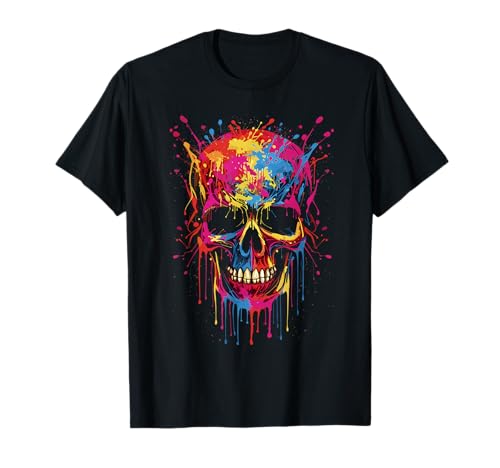Skull Invader Pintura de calavera colorida Splash Trippy Skeleton 12 Camiseta