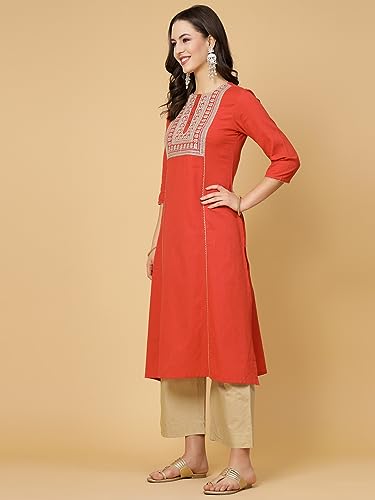 Image of Pistaa's Women's Cotton Relaxed Fit A Line Embroid A-Line Pattern Kurta