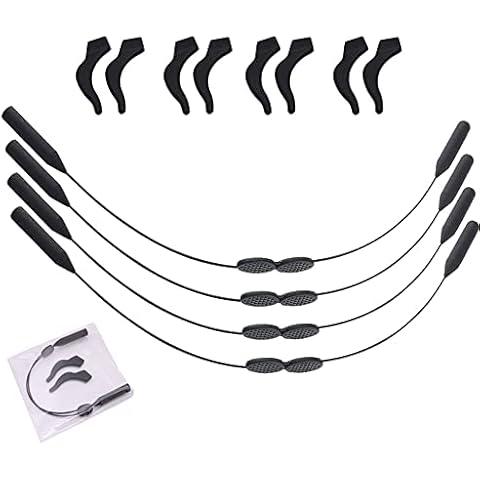 PIVHWIR Adjustable Glasses Strap, 4 Pcs Eyeglasses Strap Holder and 4 Pairs Anti-slip Holder, Silicone Sunglasses Strap Eye Glasses String Strap, Ear Hook(Black) Cover