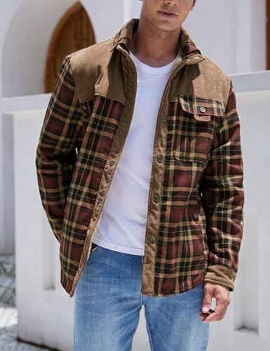 Image of Gihuo Men's Long Sleeve Sherpa Lined Shirts Outdoor Warm Flannel Plaid Jacket Button Down Fleece Coats