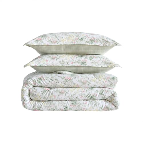 Image of Laura Ashley - Twin Comforter Set, Super Soft Cotton Bedding with Matching Sham, Botanical Design, Vintage Bed Essentials (Bramble Floral Pink, Twin)