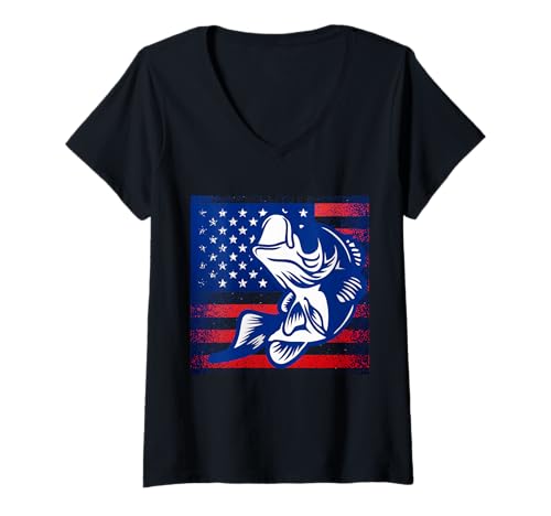 Mujer Bandera americana de pesca de lubina vintage pescador pescador papá papá Camiseta Cuello V