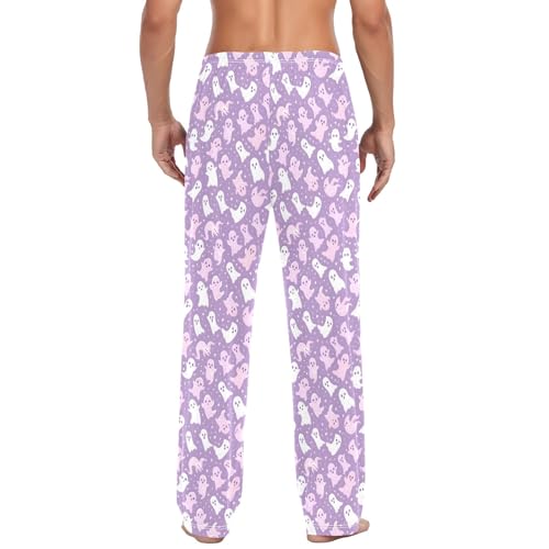 Mens Cotton Pajama Pants Sleep Lounge Pj Bottoms Sleepwear with Pockets Drawstring S Cute White Pink Ghost3
