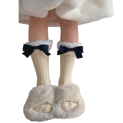Ribbon Bowknot Socks Cotton Midcalf Socks Girl Winter Dress Socks for Little Girls with Berber Fleece