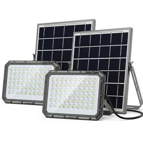 081 Store - 2 PEZZI Faro Solare LED 1000W da Esterno con Pannello Solare Separato, Faretto LED IP66 Impermeabile con Telecomando, Sensore Crepuscolare Automatico, Luce Solare Giardino Cortile (2)