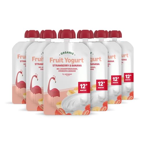 Marca Amazon - Mama Bear Yogur ecológico con puré de fresa, plátano y zanahoria morada ecológico, Vegetariano, 90g, Paquete de 6