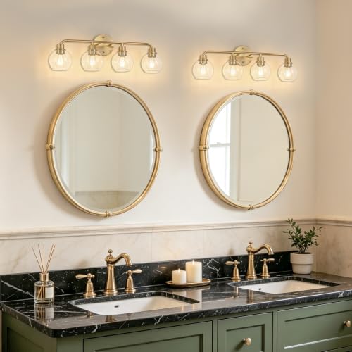 Image of Bathroom Light Fixtures Gold Vanity Light 4 Light Brushed Brass | Wall Sconces Lighting with Clear Globe Glass Shades Bath Wall Lamp for Mirror Kitchen Living Room Bedroom Hallway 27 Inch