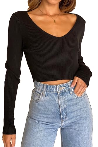 Ezbelle Women's V Neck Sweater Long Sleeve Crop Tops Sexy Ribbed Knit Pullover Shirt Trendy Blouse Fall Top2