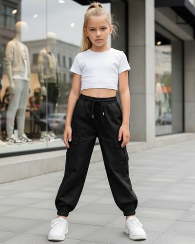 Image of JiAmy Girls Cargo Pants Elastic High Waist Drawstring Pants Jogger Trousers Casual Loose with Pockets 6-14Y