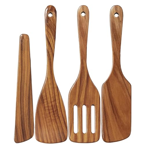 Wooden Spatula For Cooking, 4 Pcs Natural Teak Wood Utensil Set Including Paddle, Turner, Slotted Spatula and Wood Scraper, Heat Resistant, Durable And Nonstick Cookware Safe
