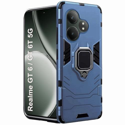 TheGiftKart Tough Armor Bumper Back Case Cover for Realme GT 6 / GT 6T 5G | Ring Holder & Kickstand in-Built | 360 Degree Protection Back Case Cover for Realme GT 6 / GT 6T 5G (PC & TPU, Blue)