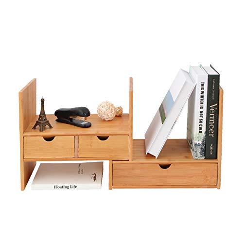Homode Desk Organizer with Drawers, Adjustable Bamboo Wood Desktop Bookshelf Office Supplies Display Shelves (Natural)