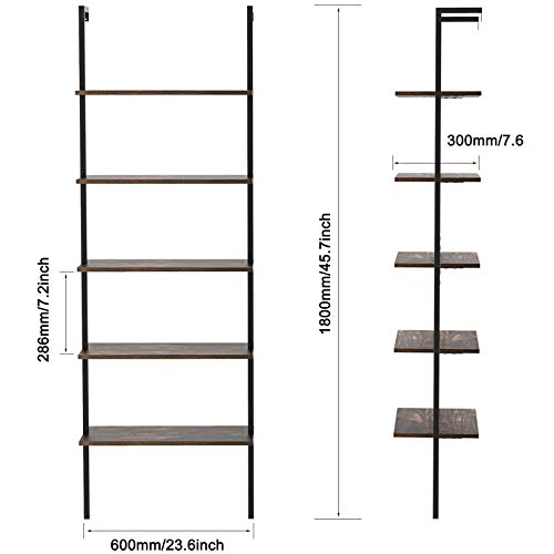 Ladder Shelf Bookshelf, 5 Tier Wall-Mounted Industrial Ladder Bookcase, Open Wood Storage Organizer with Metal Frame, Utility Rack Plant Stand for Living Room, Kitchen, Office