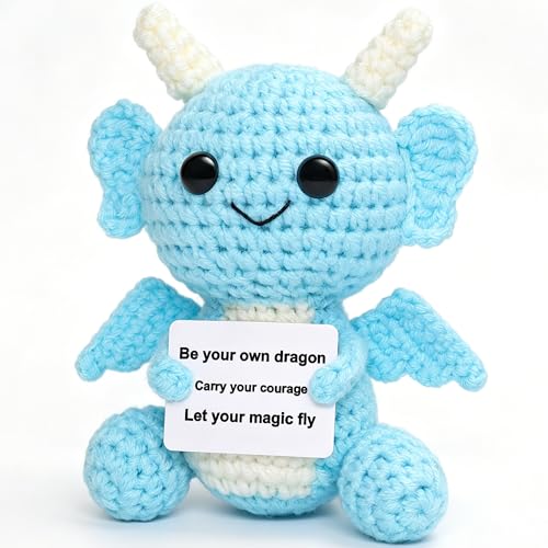 Mini figura de dragón azul de felpa con mensaje inspirador, peluche de apoyo emocional