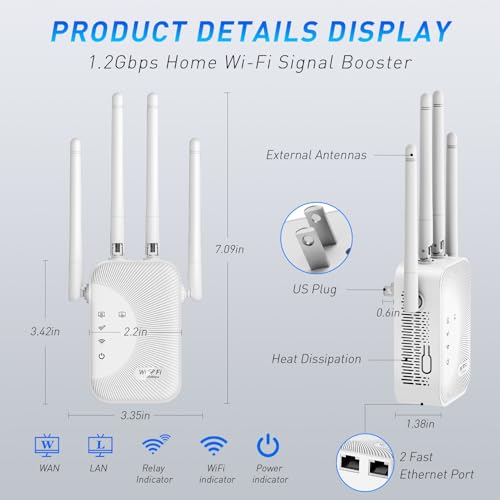 WiFi Extender Signal Booster, 2025 WiFi Booster 1200Mbps Dual Band 5GHz/2.4GHz Internet Extenders for Home, Wi-Fi Repeater with Ethernet Port Covers up to 36328 Sq.ft Range and More Devices (4 ANT) - Image 3