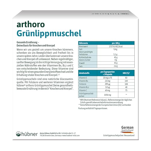 hübner® arthoro Glucosamin | Knochen- und Knorpelschutz | Vitamin C, B6, B12 & E | Grünlippmuschelpulver
