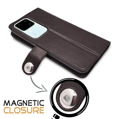 Image of Pikkme Vivo V30 5G Flip Cover Leather Finish | Inside TPU with Card Pockets | Wallet Stand and Shock Proof | Complete Protection Button Flip Case (Coffee)