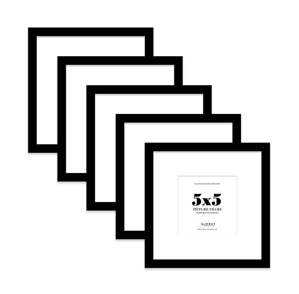 5x5 Black Picture Frame with Mount for 3x3 Photos, Prints - Modern Square Wall Frame, Set of 5
