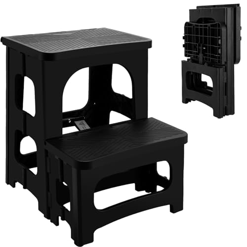 Cioquli 2 Stufen Tritthocker Klappbar, Klapphocker für Kinder & Erwachsene, Tragfähigkeit 300LBS, Tragbaren Hocker Klappbar mit Rutschfesten Trittflächen für Küche, Bad, Büro, Wohnwagen und Draußen