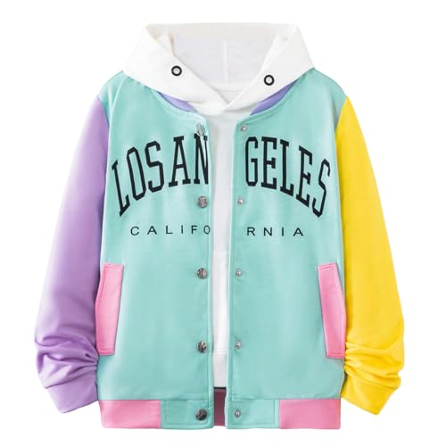 WDIRARA Girl's Letter Graphic Print Colorblock Long Sleeve Button Front Baseball Bomber Jacket3