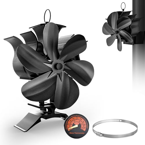 Ventilador para Estufa de Leña con Termómetro - 6 Aspas, 2 en 1, Alta Eficiencia, Alimentado por Calor (Sin Electricidad), Seguro y Silencioso para Chimenea/Hogar