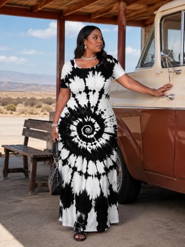 Image of SUZONANA Plus Size Maxi Dress for Curvy Women Summer Casual Sundress Short Sleeve Loose Vacation Dress