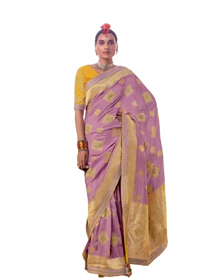 THATH BANARAS Women's Printed Pure Dola Silk Saree with Fancy Lace Border (Color:-Violet & Yellow)